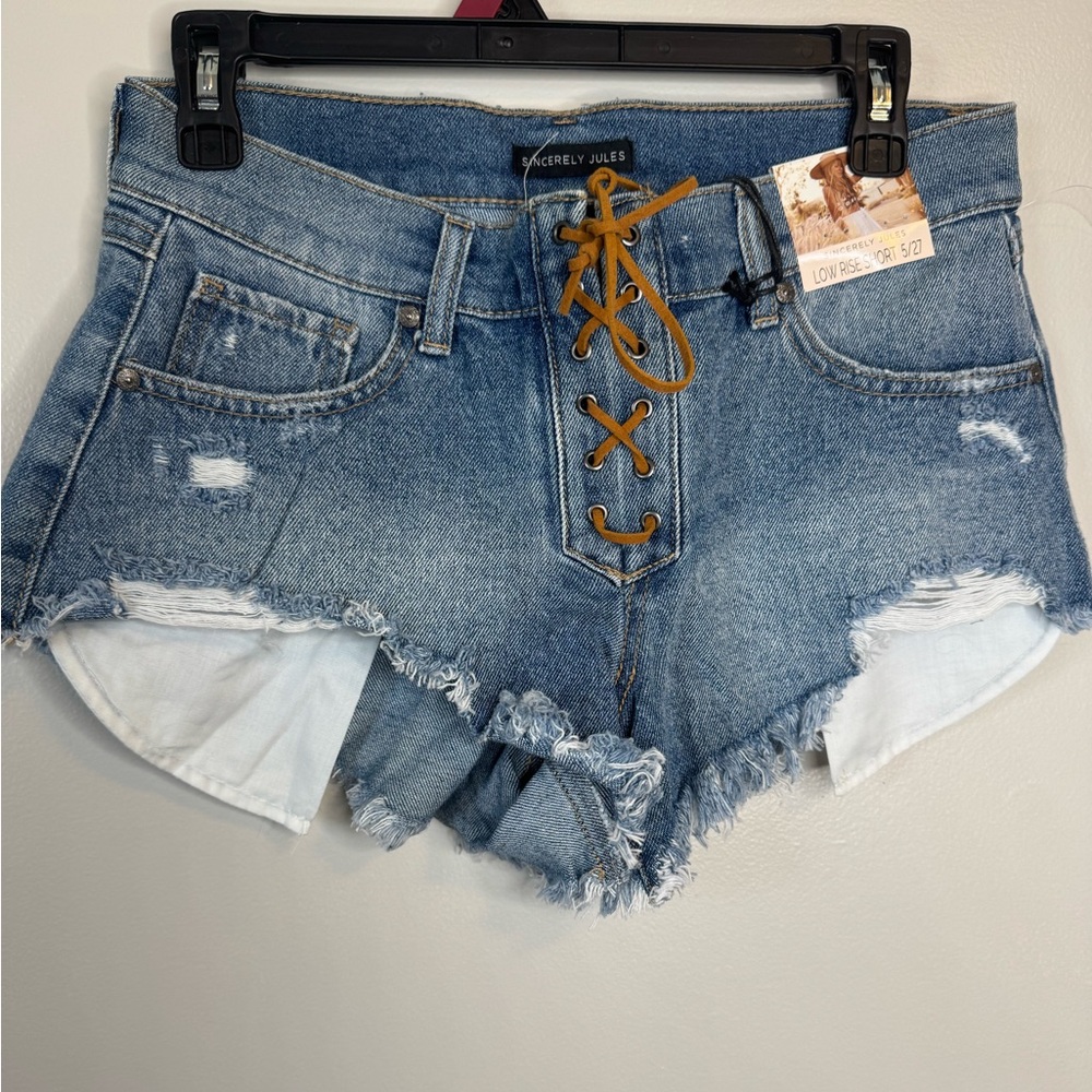 Sincerely Jules Light Blue Lace-Up Frayed Denim Shorts with Tan Ties